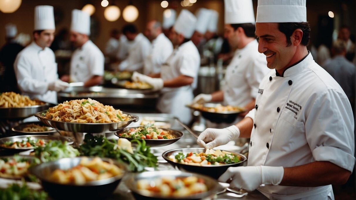 A bustling catering event in Tampa, with chefs preparing gourmet dishes and staff setting up tables and decorations for a sophisticated SEO-focused marketing campaign