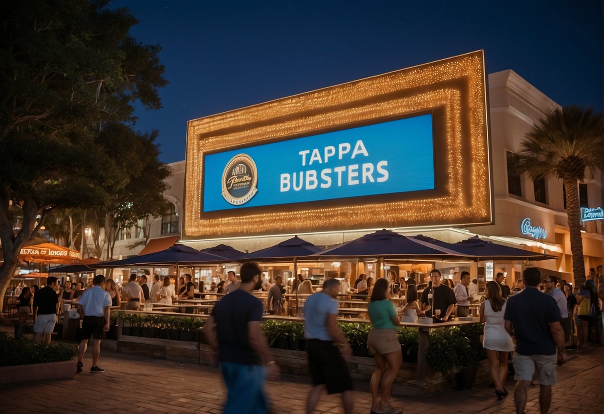 A bustling Tampa street with catering logos on billboards, as customers flock to trendy restaurants