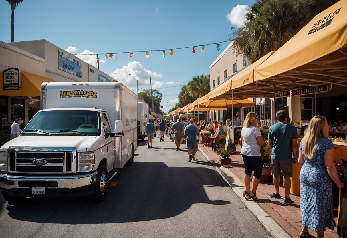 A bustling Tampa street with catering trucks and banners, while customers search online for catering services. Tampa SEO for Catering Companies