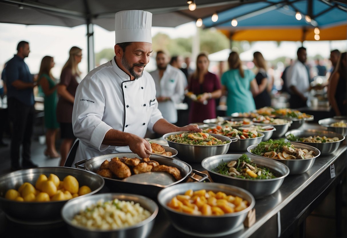A bustling catering event in Tampa, with a chef showcasing culinary delights, while potential clients ask questions about SEO strategies