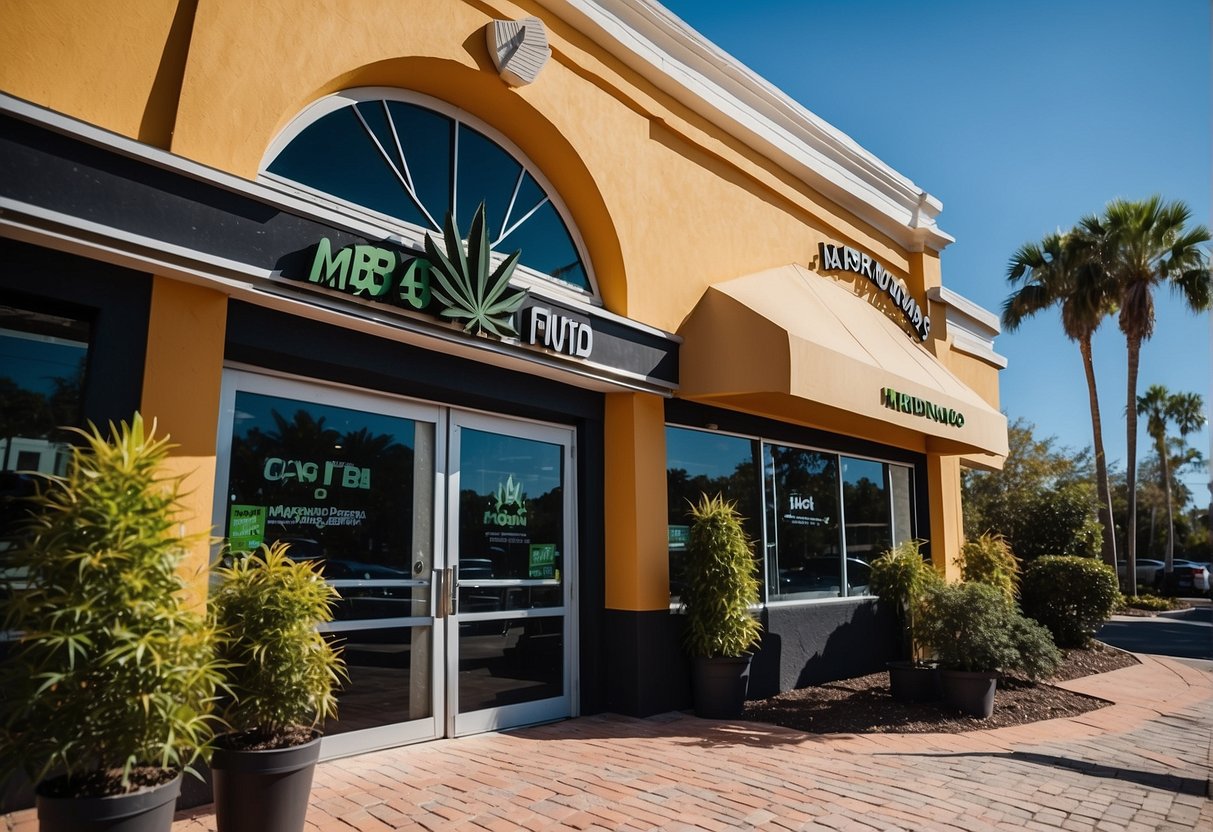 A marijuana dispensary in Orlando, Florida, with a prominent SEO presence. The storefront features vibrant signage and a steady stream of customers entering and exiting the store