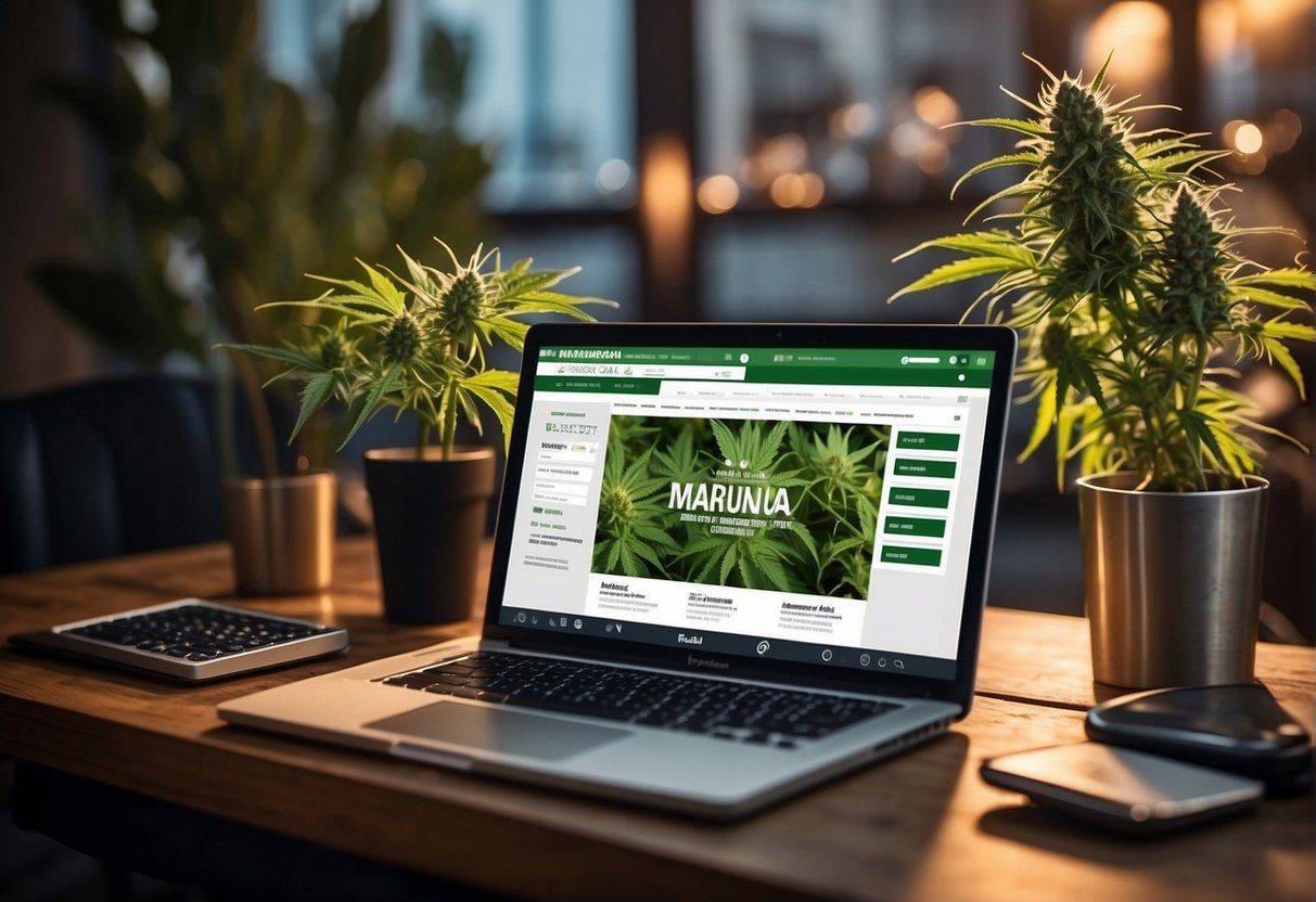 A laptop displaying a marijuana dispensary website with SEO strategies, surrounded by social media icons and analytics charts