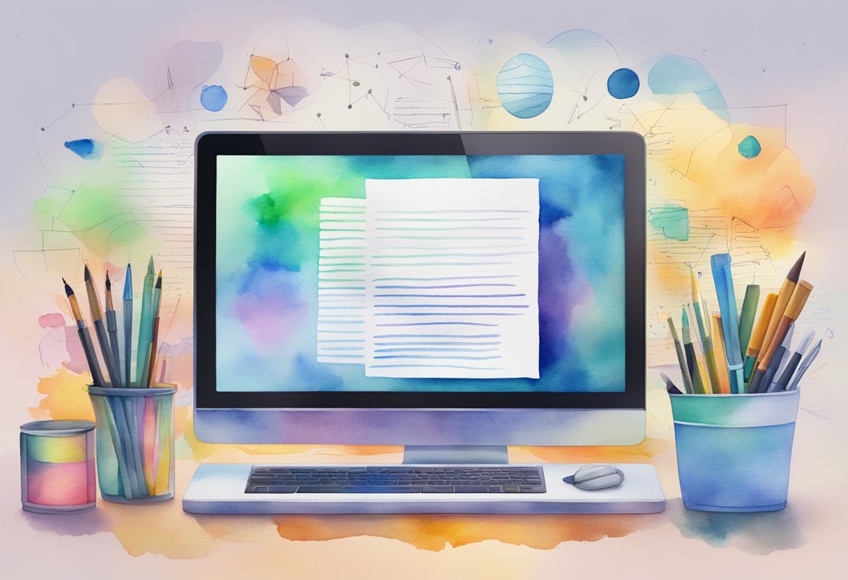 A computer screen with a captivating meta description displayed, surrounded by various writing tools and a vibrant color palette