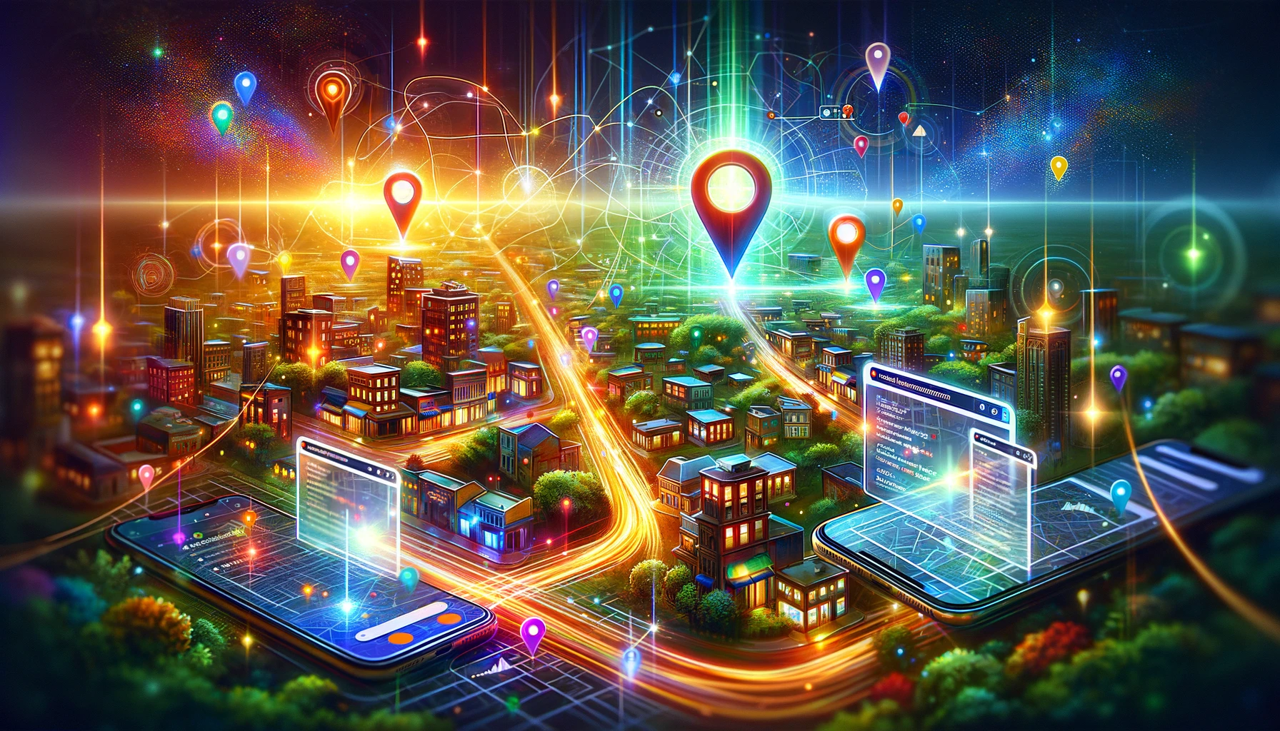  digital art piece illustrating the concept of hyperlocal SEO, focusing on the strategic use of neighborhoods and towns to attract client